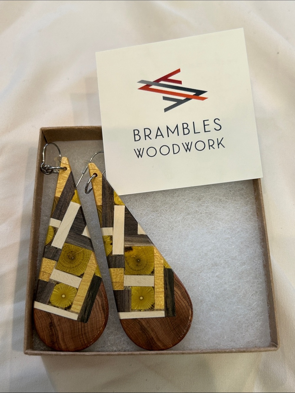 BRAMBLES WOODWORK Yellow Multi-Color Inlay Teardrop Earrings HANDCRAFTED NWT